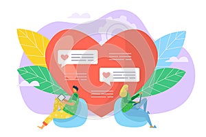 Online love communication, dating in social network vector illustration, Man woman near huge heart symbol, people have