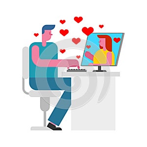 Online love. Virtual love relationships. Love correspondence on Internet. guy at computer writes to his beloved. Online dating