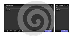 Online mail interface window. Blank email message screen template with subject field and send button. Modern flat ui