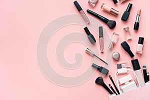 Online makeup cosmetic beauty shop products on pink background