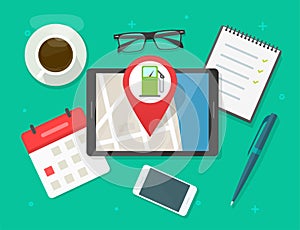 Online map with gas petrol fuel station navigation application on digital tablet computer, gasoline fuel city location