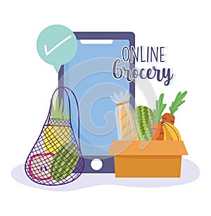 Online market, smartphone check mark ordering fresh food grocery shop home delivery