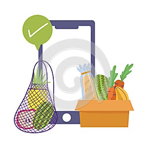 Online market, smartphone check mark ordering fresh food grocery shop home delivery