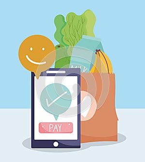 Online market, smartphone payment paper bag food delivery in grocery store