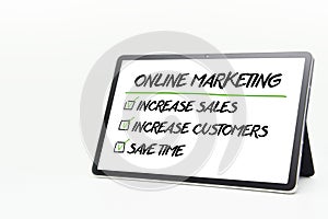 Online Marketin Plan Strategy Concept to tablet , isolated photo