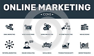 Online marketing set icons collection. Includes simple elements such as Video advertising, Web blogging, Market research and
