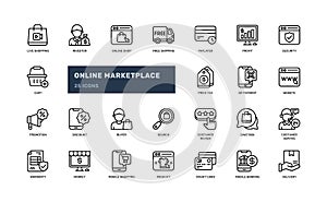 Online marketplace e commerce shopping web website app detailed outline line icon set