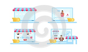 Online markets flat color vector objects set