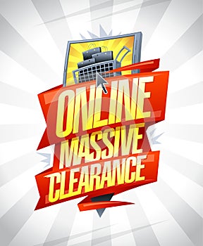 Online massive clearance, vector sale web banner vector mockup with smartphone, shopping cart