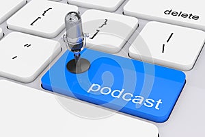 Online Media Concept. Blue Podcast Button with Microphone. 3d Re