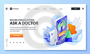 Online medical consultation ask doctor service. Patient at video conference call with doctor. Vector illustration