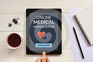 Online medical consultation concept on tablet screen with office