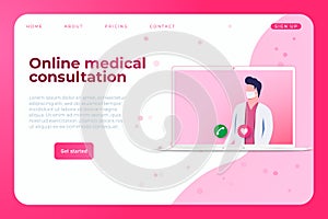 Online medical consultation landing page concept with illustration of doctor in laptop. Online medicine illustration.