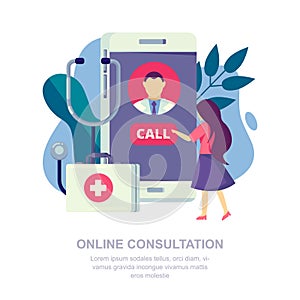 Online medical consultation, mobile app concept. Patient calls a doctor. Vector flat illustration