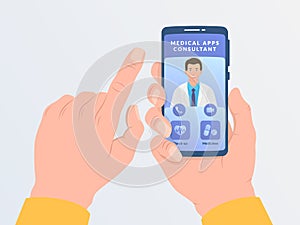 Online medical consultations with doctor concept with hand hold smartphone modern flat style