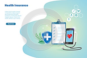 Online medical health insurance concept. Smart phone with stethoscope online check patient heart cardiology