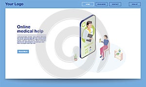 Online medical help isometric webpage template. 3d patient explaining symptoms using ehealth mobile app. Remote doctor consulting