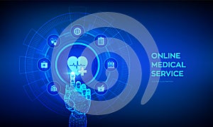 Online medical services, consultation and support concept on virtual screen. Doctor online. Medical clinic communication with