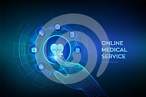 Online medical services, consultation and support concept on virtual screen. Doctor online. Medical clinic communication with