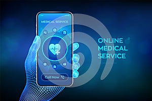 Online medical services, consultation and support concept on virtual screen. Doctor online. Medical clinic communication with