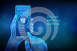 Online medical services, consultation and support concept on virtual screen. Doctor online. Medical clinic communication with