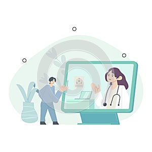 Online medical services illustration. Patients meeting with doctors online, having consultation and receiving digital prescription