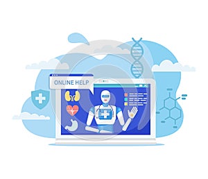 Online medicine concept vector illustration, cartoon flat robot character on computer screen advising treatment using