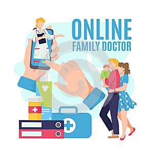 Online medicine, family doctor at mobile vector illustration. Medical health care for patient, hospital consultation at