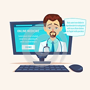 Online medicine. Funny character design. Cartoon vector illustration