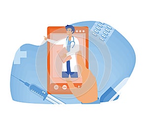 Online medicine and health care, doctor consultations and treatment using a smartphone, internet connected hospital.