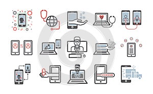 Online medicine icons. video communication with doctors. Vector signs for web graphics