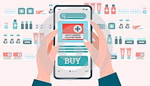 Online medicine, remote internet pharmacy store a vector flat illustration.