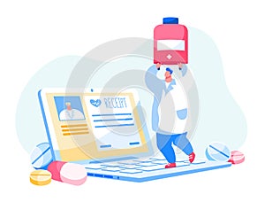 Online Medicine Service. Doctor Character in Labcoat Holding Pills Bottle with Scattered Medication Tablets at Laptop