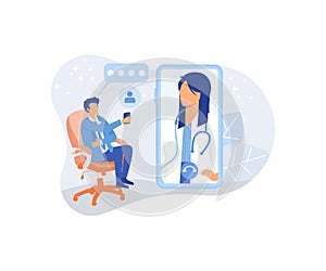Online medicine service illustration . Patients meeting with doctors online, having consultation and receiving digital