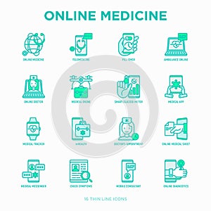 Online medicine, telemedicine thin line icons set: pill timer, ambulance online, medical drone, medical tracker, mHealth, photo
