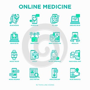 Online medicine, telemedicine thin line icons set: pill timer, ambulance online, medical drone, medical tracker, mHealth,