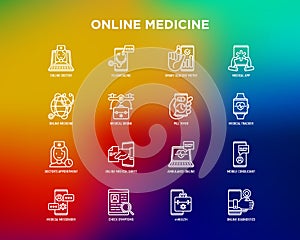 Online medicine, telemedicine thin line icons set: pill timer, ambulance online, medical drone, medical tracker, mHealth,