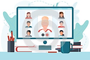 Online meeting via group call. Dialogue or conversation between colleagues or clerks. Flat cartoon colorful vector stock illustrat