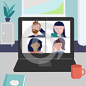 Online meeting via group call. Friends, coleagues talking in video conference call at office or home. Concept Freelance photo