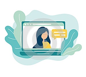 Online meeting via group call icon. Woman talking to friends, coleagues in video conference at office or home. Vector in photo