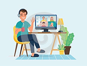 Online meeting via group call. Man talking to friends in video conference. Vector illustration
