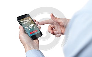 Online Mobile banking concept on screen. Male hand using mobile banking on smart phone