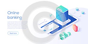 Online mobile banking transaction concept in isometric vector design. Digital payment or online cashback service. Withdraw deposit