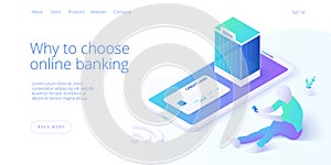 Online mobile banking transaction concept in isometric vector design. Digital payment or online cashback service. Withdraw deposit