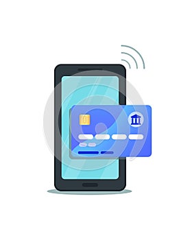 Online mobile banking, wallet, money transfer concept. Flat design of smartphone with secure wireless payment processing via credi