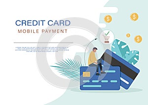 Online mobile payment or money transfer concept. E-commerce market shopping online illustration with tiny people character. Online