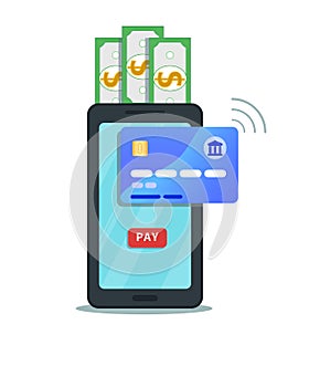 Online mobile payment and money transfer concept. Flat smartphone icon design with pay button on touch screen isolated