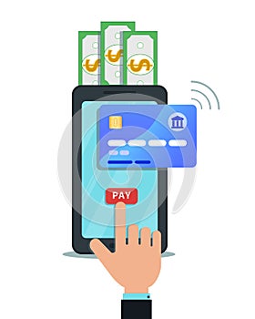 Online mobile payment, money transfer or shopping concept. Hand finger touching pay button on smartphone screen.