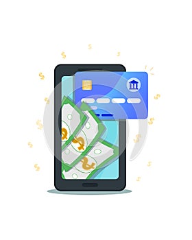 Online mobile payment service concept. Wireless money transfer with flat smartphone, nfc credit card and dollar signs isolated