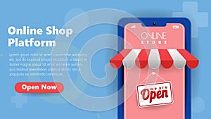 Online mobile shop platform ecommerce businness. open your mobile on line shop application playfull vector illustration concept photo